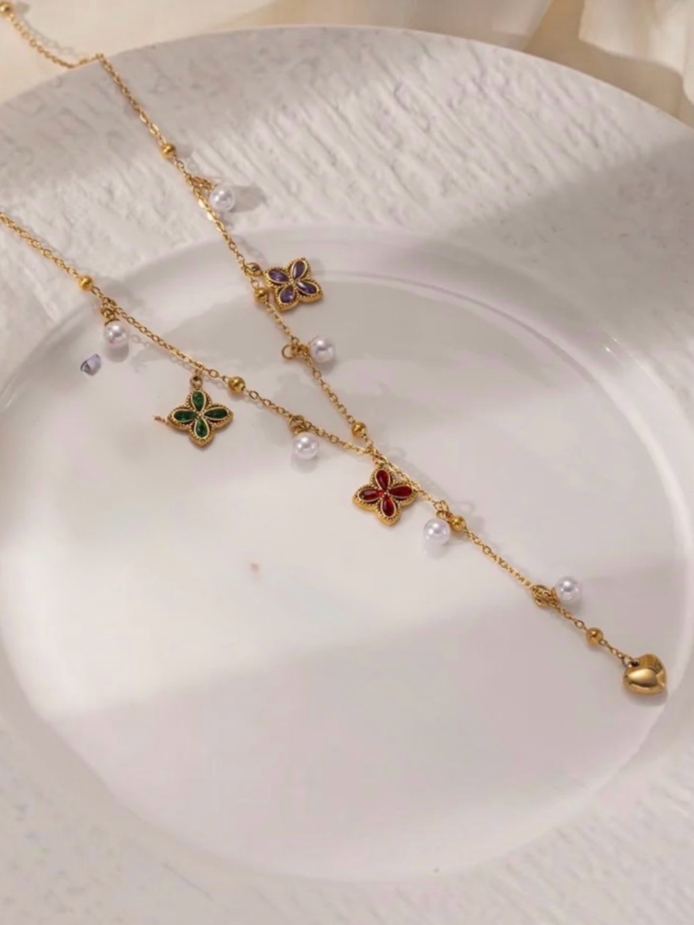 Multi-Color Clover Charm Necklace with Pearls NWT Gold Plated PVD Coated